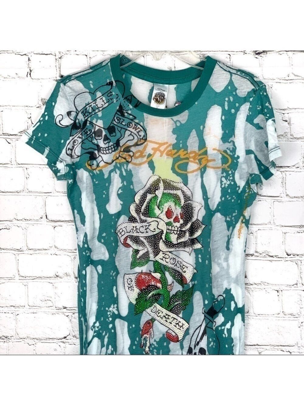 New-ed Hardy Black Rose Of Death Rhinestones BurnOut Sheer ShortSleeve Tee Shirt